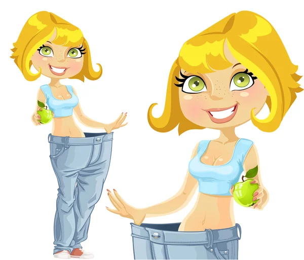 Young athletic woman shows old jeans after losing weight — Stock Vector
