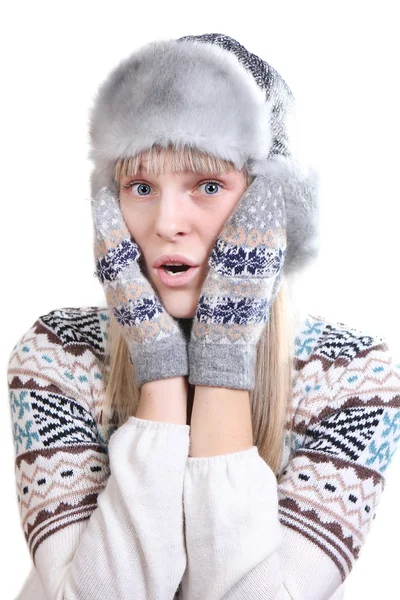 Surprised young woman in winter clothes — Stock Photo, Image