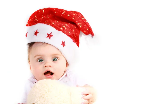 Surpreendido pequeno Papai Noel em um fundo branco — Fotografia de Stock