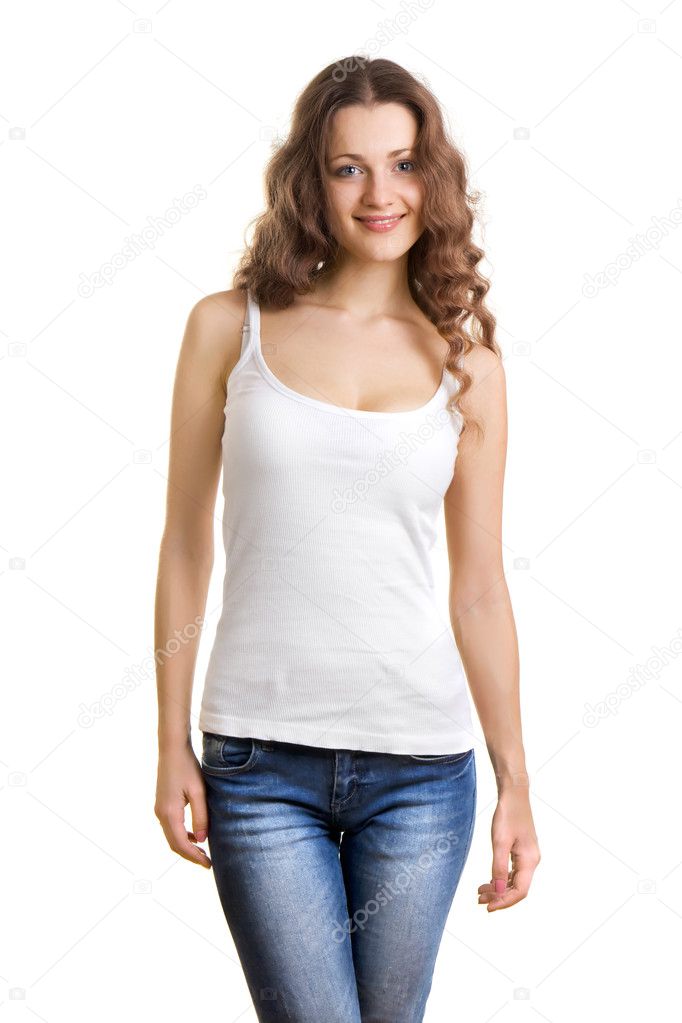 Pretty young woman in white T-shirt and jeans on white backgrou
