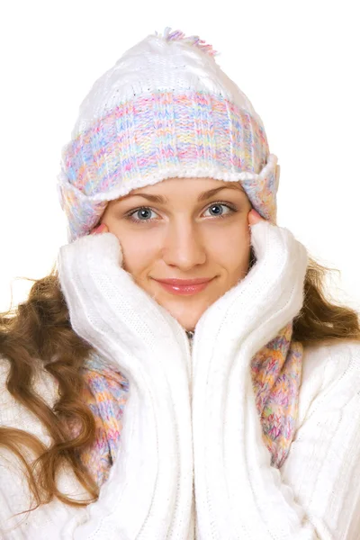 Attractive young woman in cap and sweater — Stock Photo, Image
