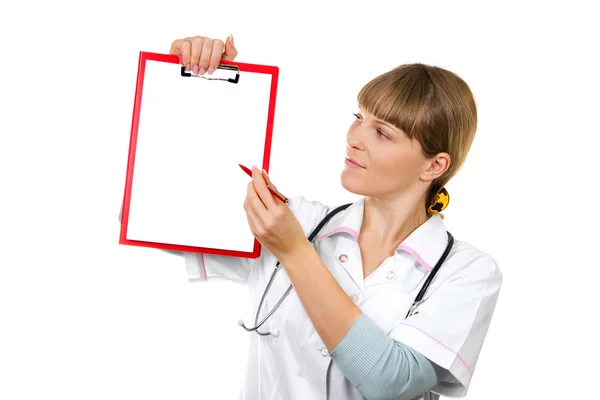 Enfermeira / médico mostrando sinal de área de transferência em branco — Fotografia de Stock