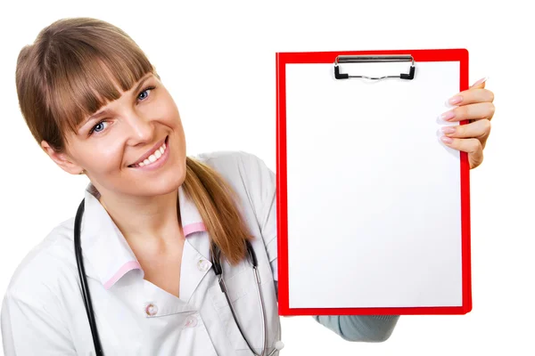 Enfermera / médico mostrando el letrero del portapapeles en blanco — Foto de Stock