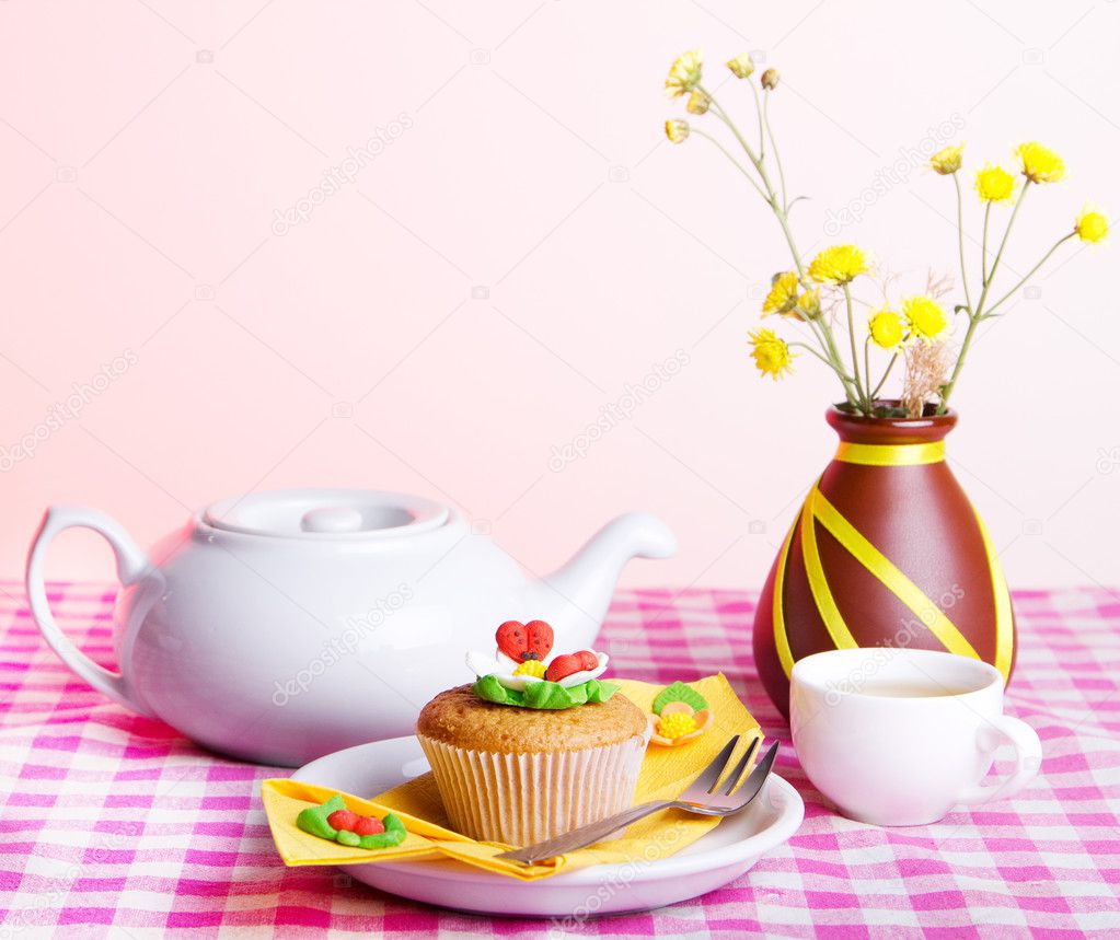Continental colorful breakfast on a pink background