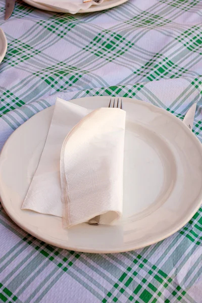 Napkin and fork on the dish — Stock Photo, Image