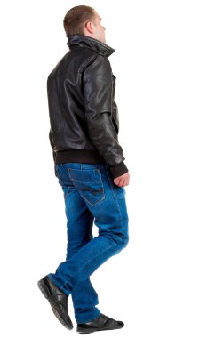 Back view of going handsome man in jacket. clipart