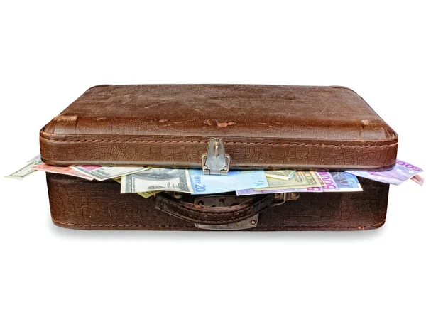 Régi pénzzel teli bőrönd — Stock Fotó