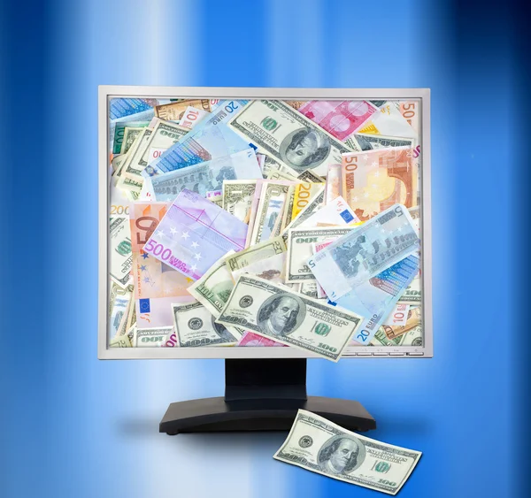 Internet-Geld-Konzept. Computer-Monitor mit Geld. Online e-co — Stockfoto