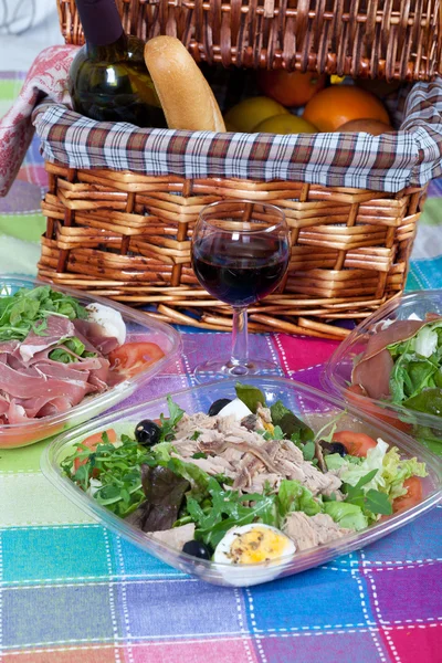 Piknik sepeti ve Salatalar — Stok fotoğraf