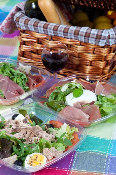 Cesta de piquenique e saladas — Fotografia de Stock