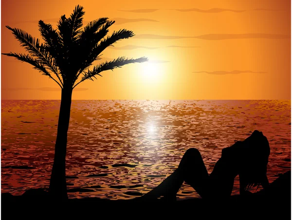 Solnedgång på stranden med en tjej — Stock vektor