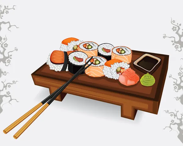 Conjunto de sushi japonês diferentes espécies — Vetor de Stock
