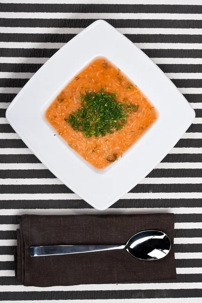 Σπιτικό σούπα με λάχανο σε ριγέ φόντο — Φωτογραφία Αρχείου