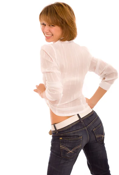 Kot pantolonlu genç kadın — Stok fotoğraf