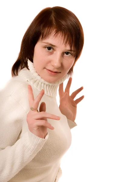 Woman in a white sweater — Stock Photo, Image