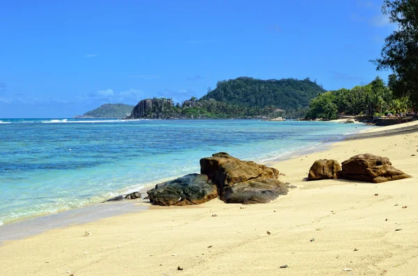 A Seychelle-szigetek sziget trópusi tengerpart — Stock Fotó