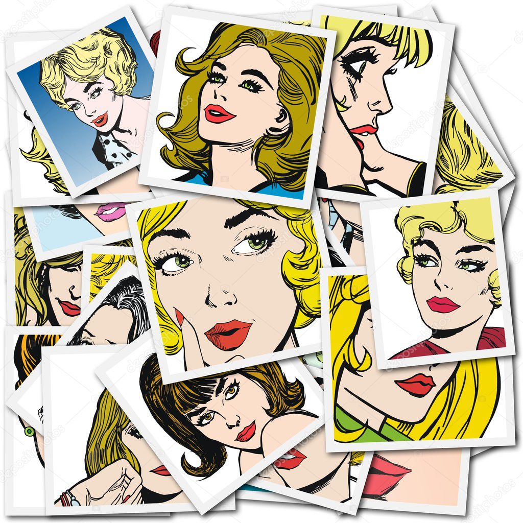 Illustration with collection of portraits blondes and brunettes