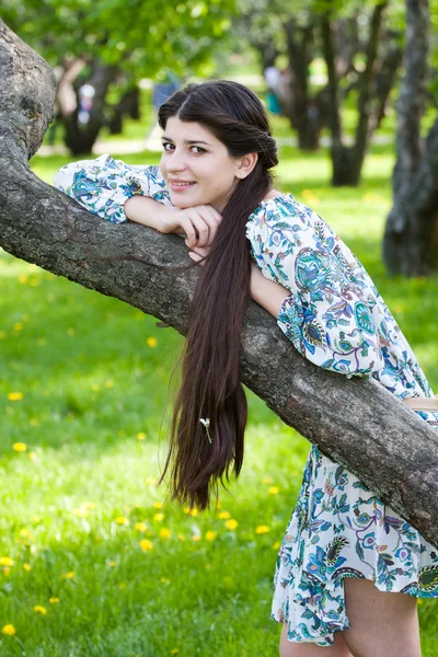 꽃 사과 나무에 대 한 긴 머리 소녀. — 스톡 사진