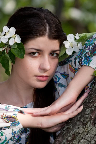 꽃 사과 나무에 대 한 긴 머리 소녀. — 스톡 사진