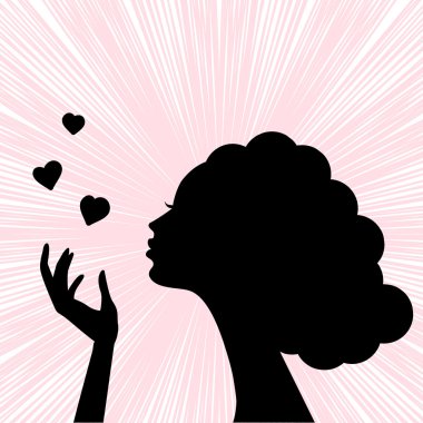 Beautiful woman face silhouette with heart kiss