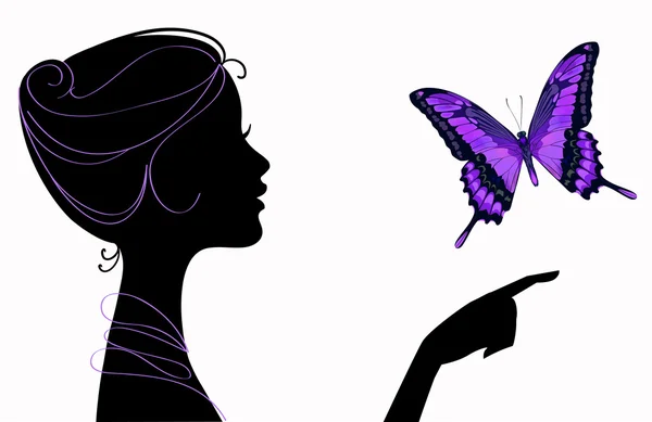 Beautiful girl silhouette with butterfly — Stock Vector