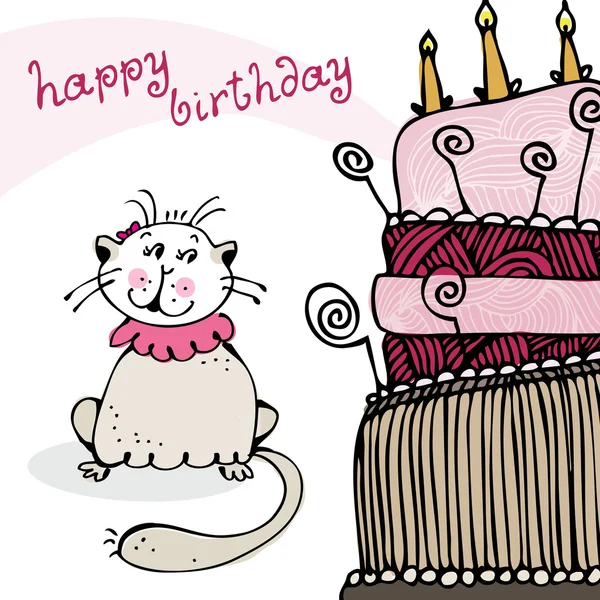 Tarjeta de cumpleaños con gato feliz y pastel — Vector de stock