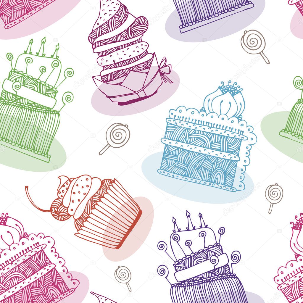Vector pattern with birthday cakes and cupcakes