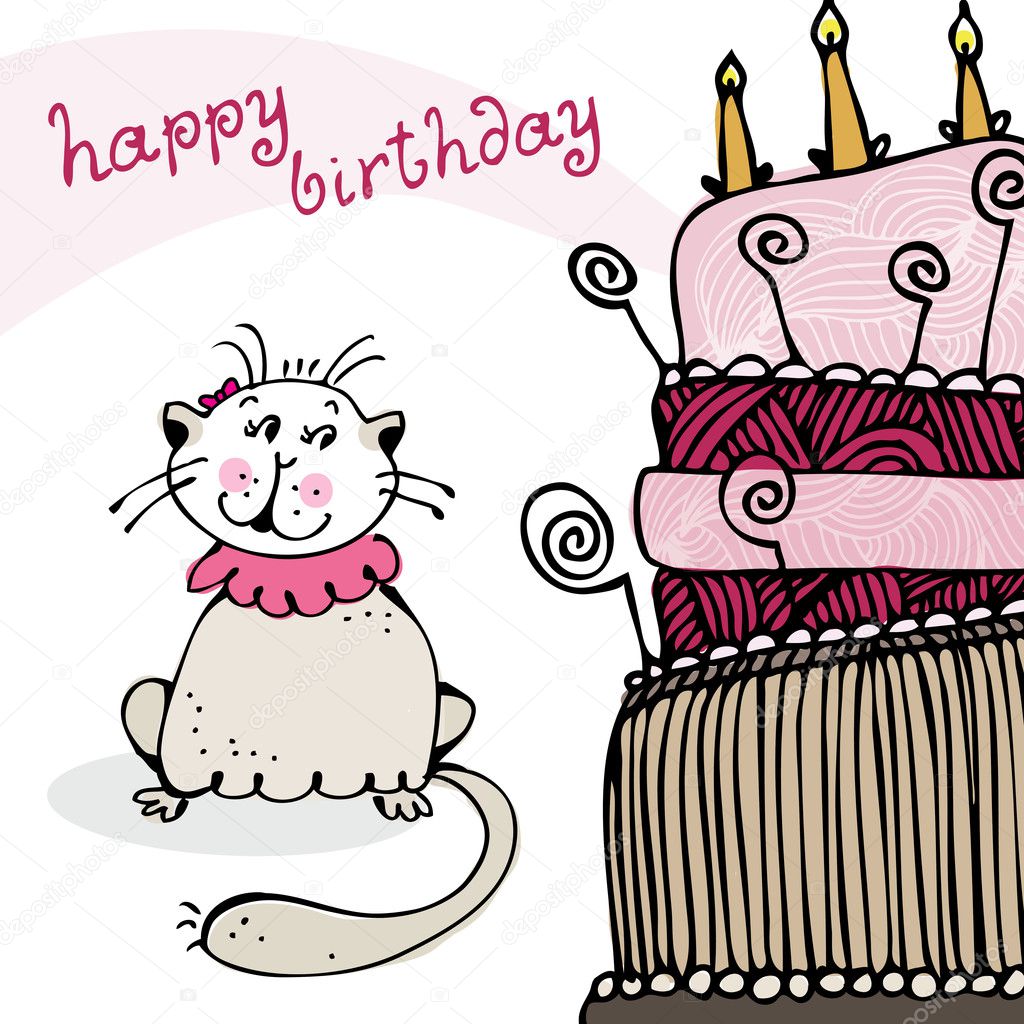 Birthday card with happy cat and cake