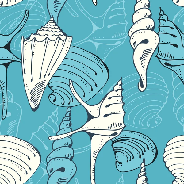 Seamless blue pattern with shells — Stock Vector