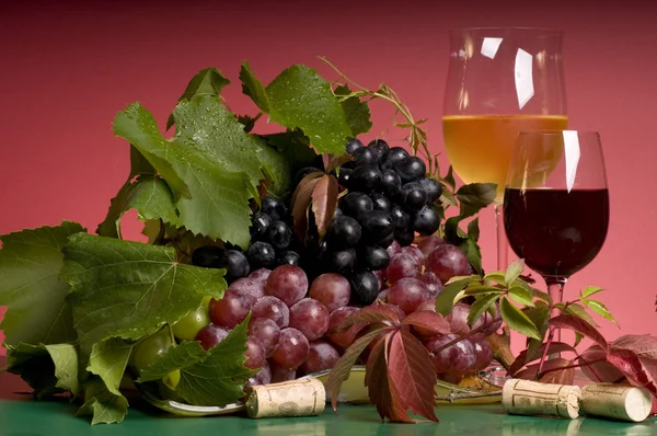Червоне вино і виноград крупним планом — стокове фото