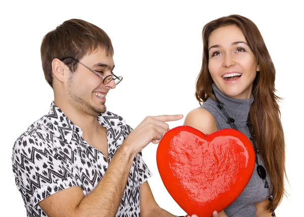 stock image Funny guy nerdy and glamorous girl in a Valentine's Day