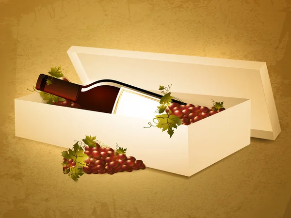 Garrafa de vinho em caixa com uva vermelha no fundo grunge — Vetor de Stock