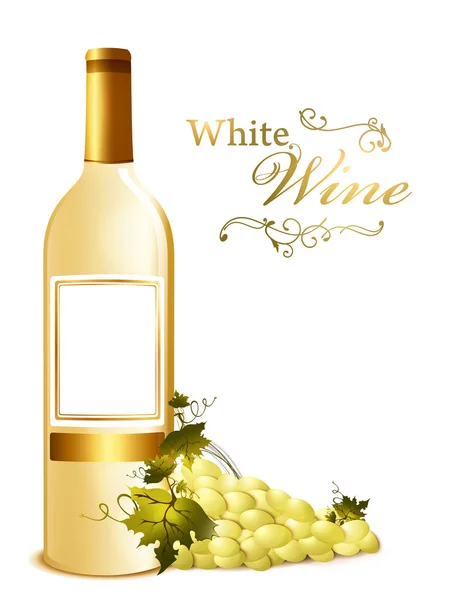 Botella de vino blanco con uva — Vector de stock