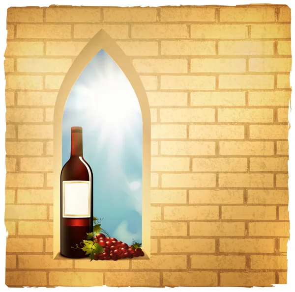 Wijn fles in de venster boog — Stockvector
