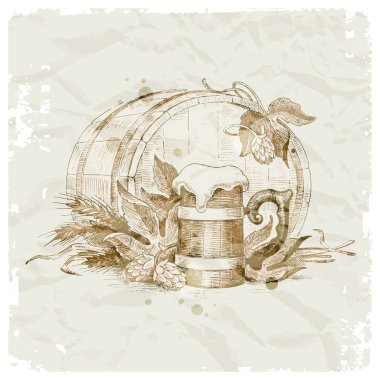 Hand drawn still life with hop and mug of beer clipart