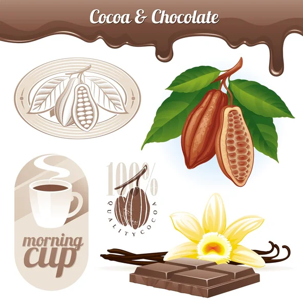 Ensemble vectoriel - fèves de cacao et chocolat — Image vectorielle