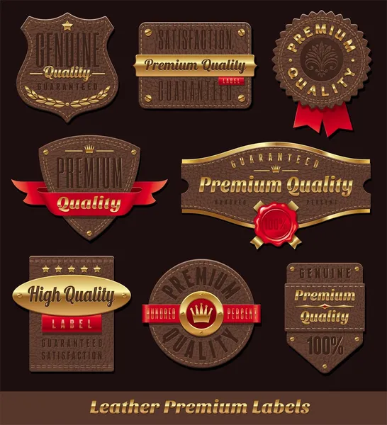 Lot de labels cuir & or premium et qualité — Image vectorielle