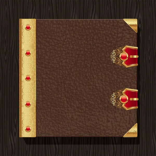 Кожаная винтажная обложка книги с золотыми декоративными элементами — стоковый вектор