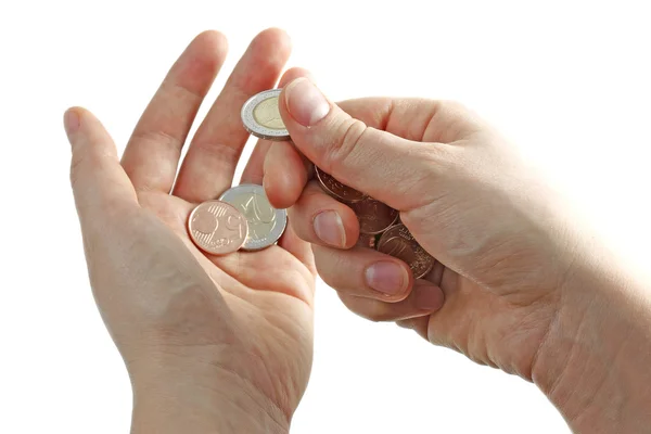 Mãos com moedas de euro — Fotografia de Stock