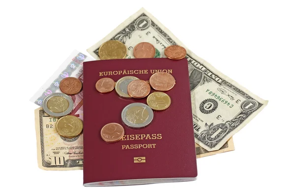 Euroopan unionin passi ja raha — kuvapankkivalokuva