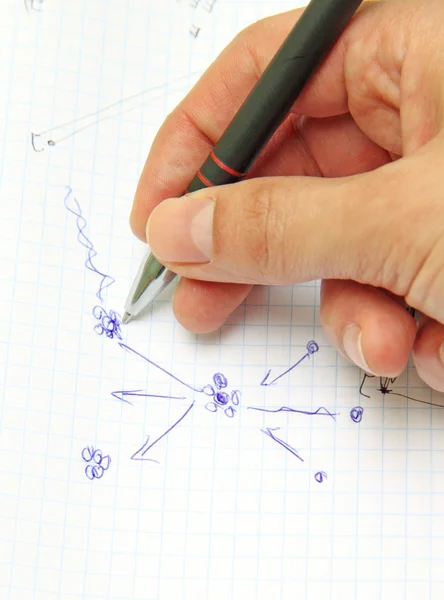 A hand holdin a pen and sheet of paper with drawn nuclear reacti — Stock Photo, Image
