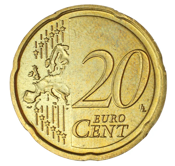 Veinte centavos de euro sobre fondo blanco — Foto de Stock