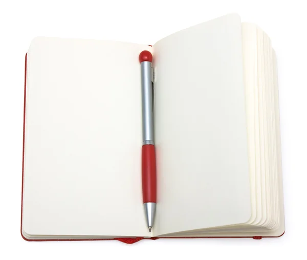 Blocco note rosso aperto (carta) con penna — Foto Stock