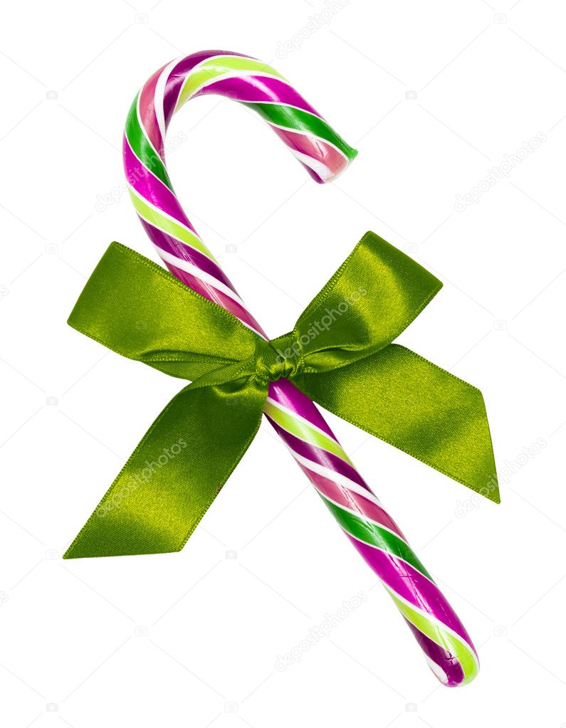 Purple candy cane with green bow, isolated on white