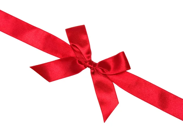 Red silk ribbon with bow, diagonal, isolated on white — Stock Photo, Image