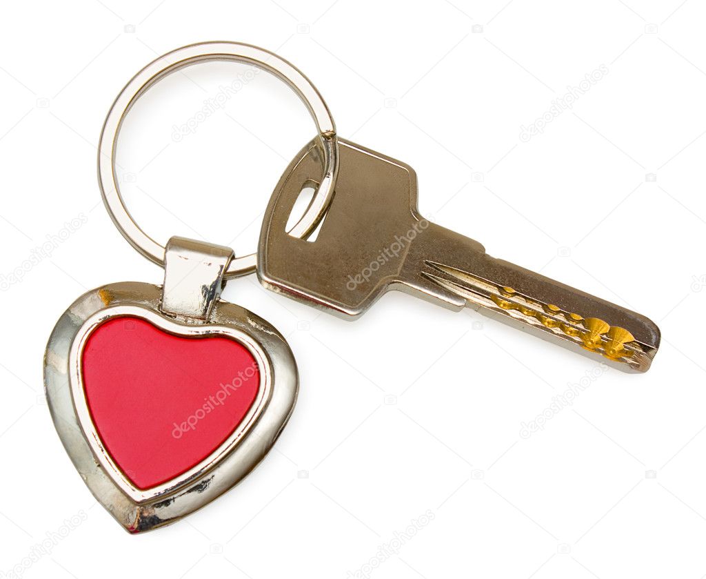 Metal key with red heart keychain isolated on white