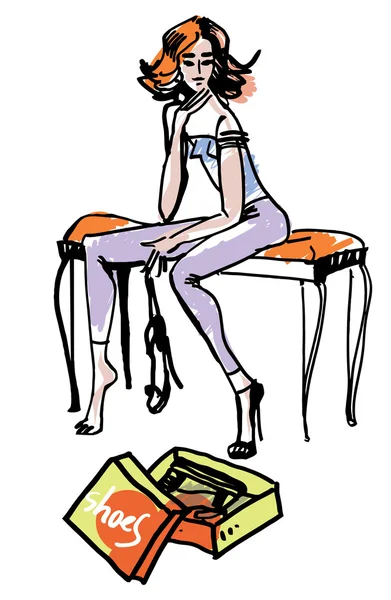 ¡VENTA! Una mujer elige zapatos . — Archivo Imágenes Vectoriales