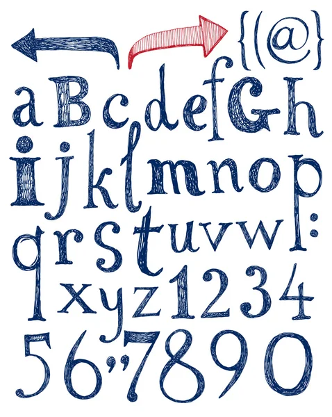 Alphabet vectoriel. Lettres et chiffres dessinés à la main . — Image vectorielle