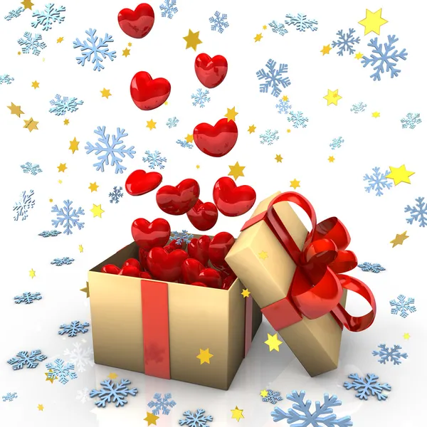 Kırmızı kalpler ile hediye — Stok fotoğraf
