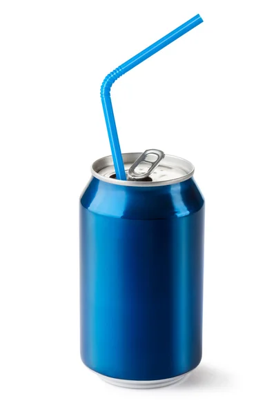Aluminum can with the ring pull and straw — Stock Photo, Image